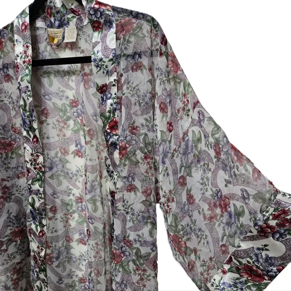 VTG Victoria's Secret Sheer Floral Robe Satin Trim Gold Label One Size - Picture 5 of 10
